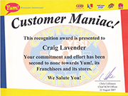 Yum Customer Maniac Award